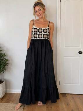 Davi & Dani Crochet Bodice Ruffled Tiered Maxi Dress